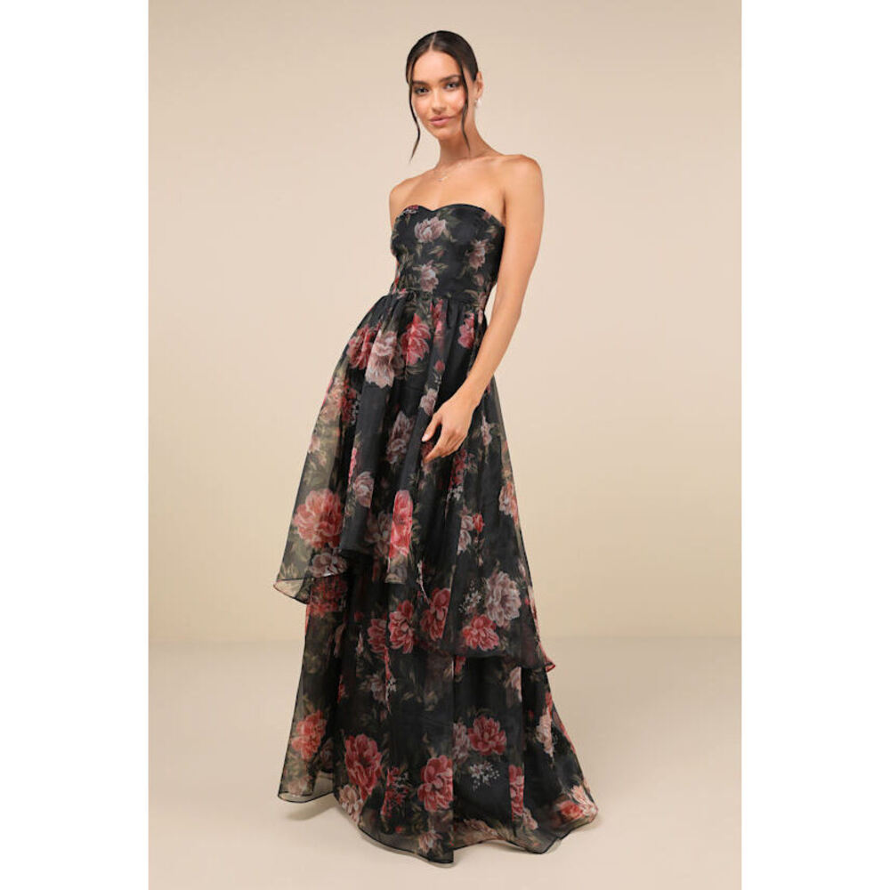 Lulus Truly Extraordinary Black Floral Organza Strapless Maxi Dress - Size M